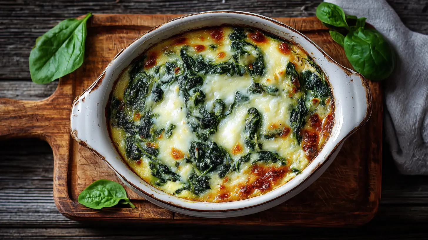 A bubbling Cheesy Italian Spinach Bake straight from the oven