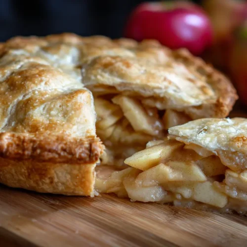A freshly baked apple pie showcasing a signature Chicago-style bakery crust.