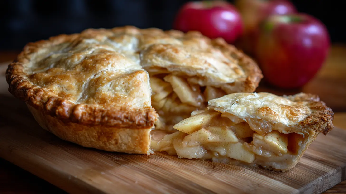 A freshly baked apple pie showcasing a signature Chicago-style bakery crust.