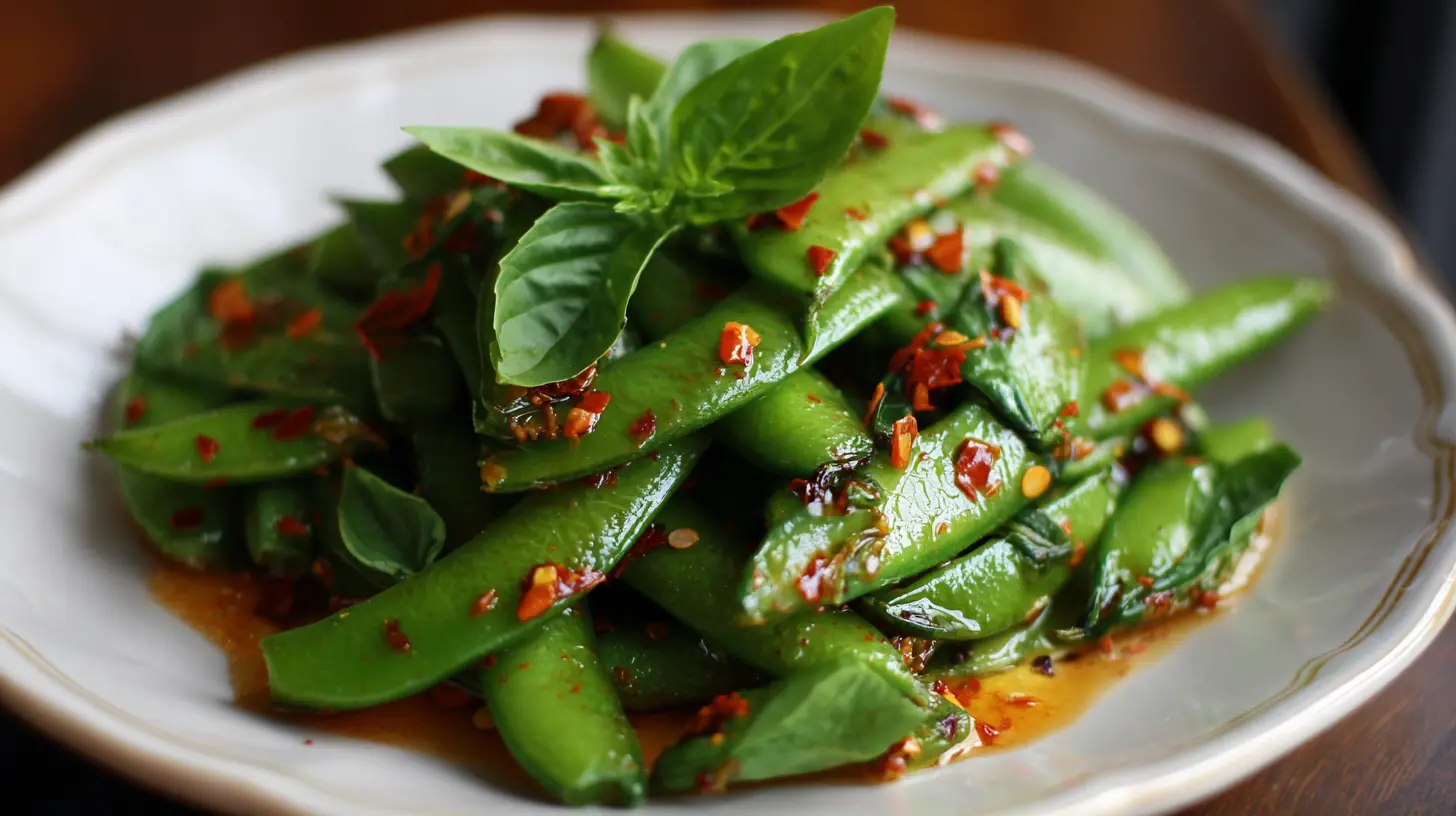A fresh chili crisp snap pea salad in a white bowl with metal serving tongs.
