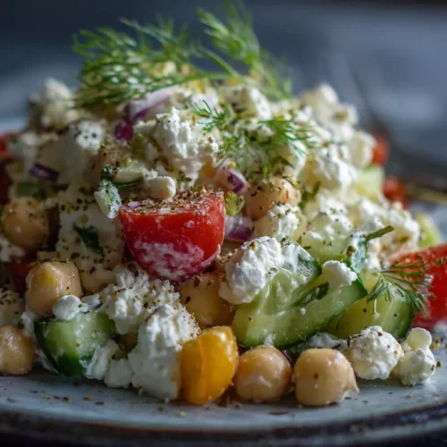 A vibrant bowl of cottage cheese and chickpeas salad with fresh herbs.