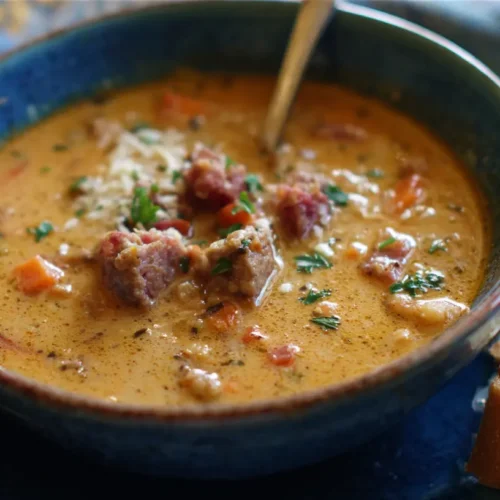 A steaming bowl of creamy bean soup with sausage garnished with fresh herbs.