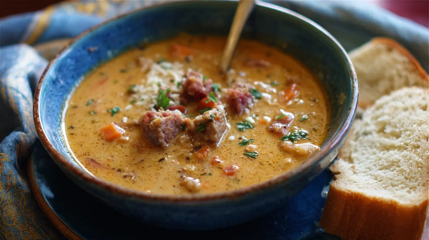 A steaming bowl of creamy bean soup with sausage garnished with fresh herbs.