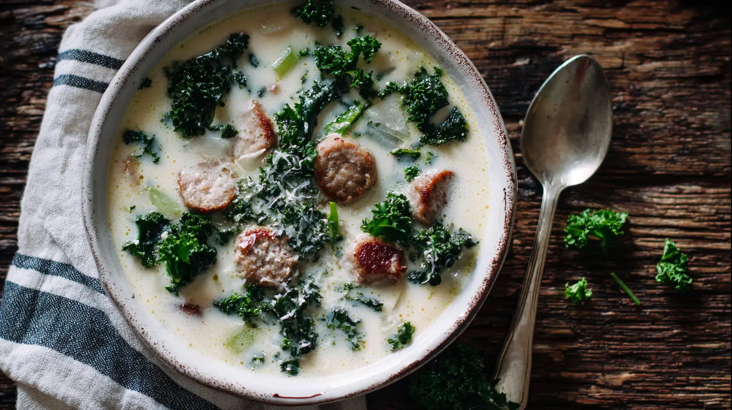 A bowl of creamy cauliflower sausage and kale soup, garnished for serving.