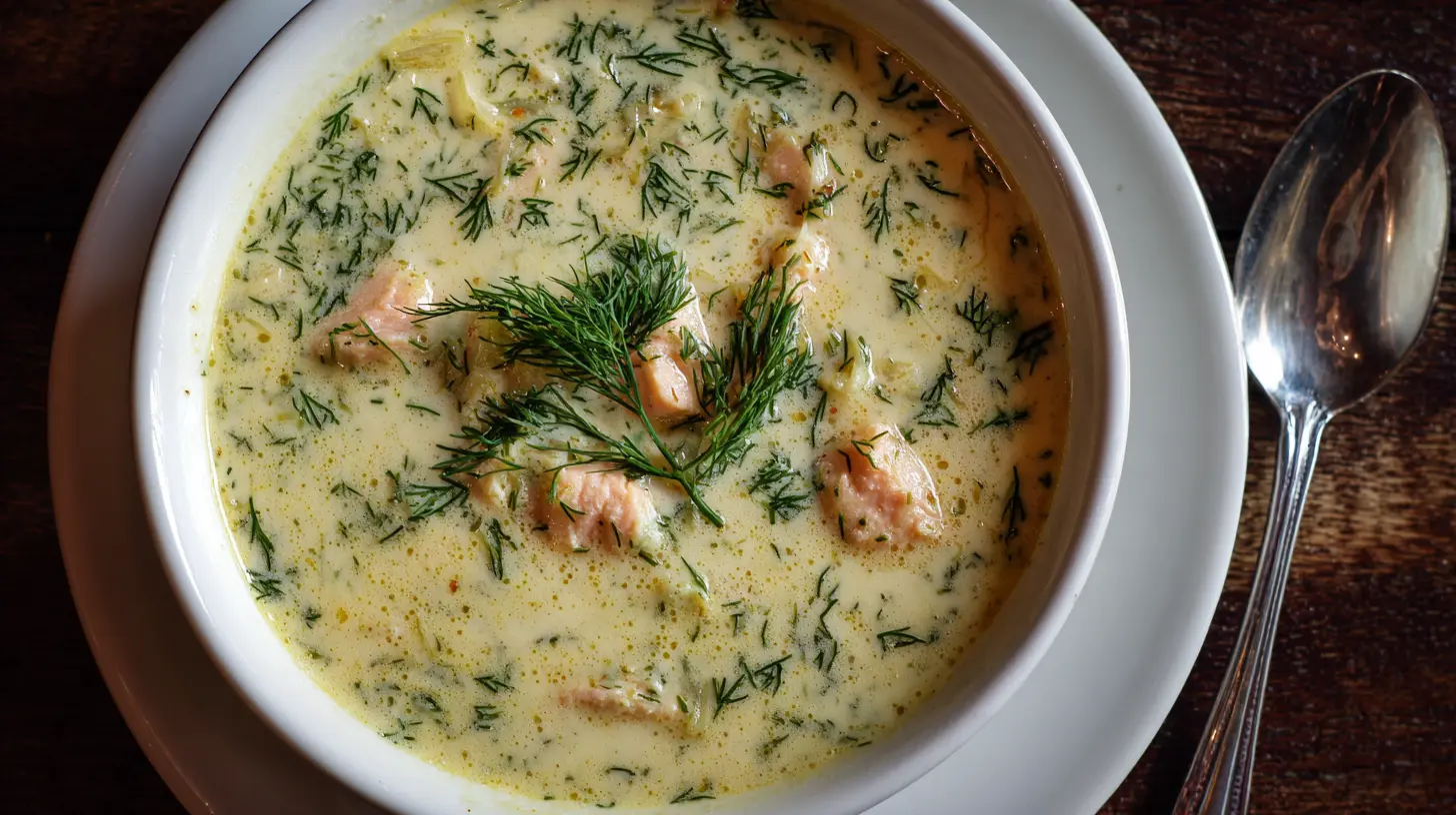 A bowl of creamy dill salmon soup garnished with fresh dill sprigs.