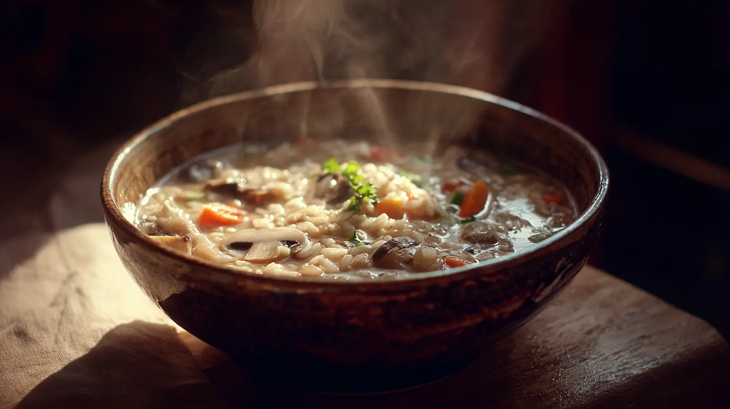 A steaming bowl of creamy mushroom vegetable rice soup, garnished with fresh herbs