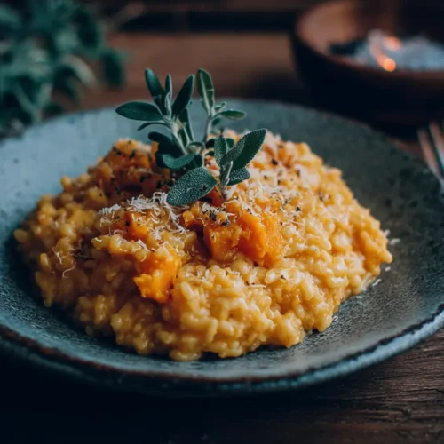 A serving of creamy roasted butternut squash risotto in a white bowl.
