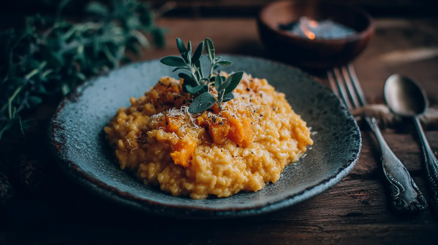 A serving of creamy roasted butternut squash risotto in a white bowl.