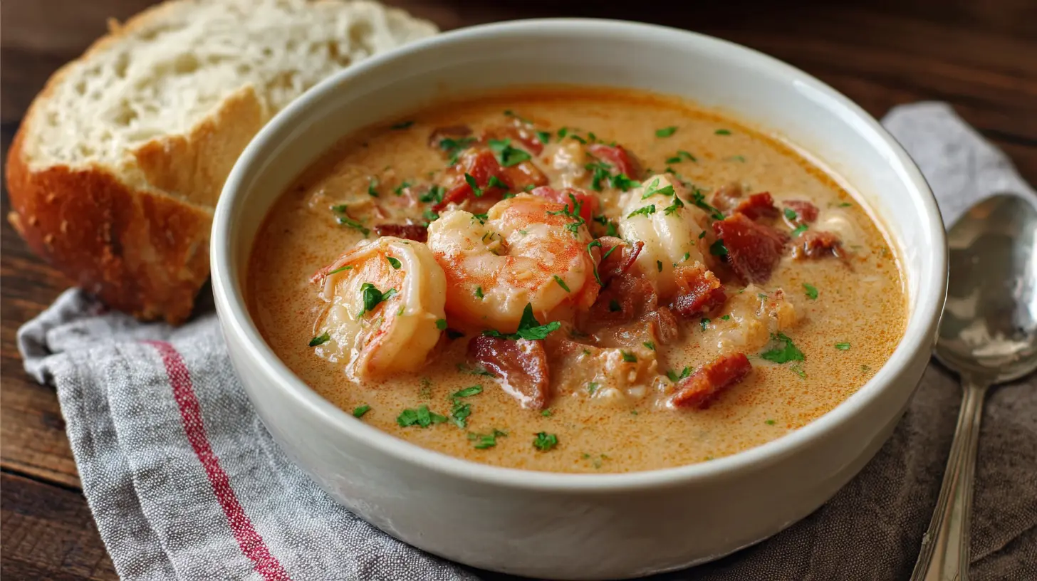 A hot bowl of creamy seafood and shrimp chili, garnished with fresh cilantro.