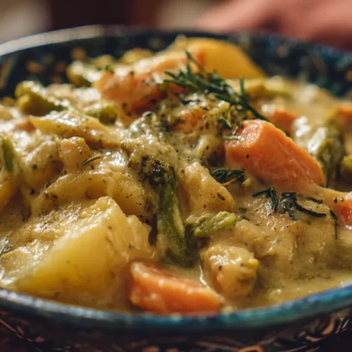 A steaming dish of creamy winter vegetable casserole with golden-brown topping