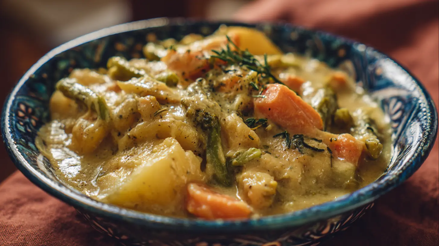 A steaming dish of creamy winter vegetable casserole with golden-brown topping