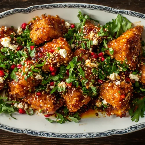 Close-up of crispy hot honey feta chicken with a golden crust and glistening sauce