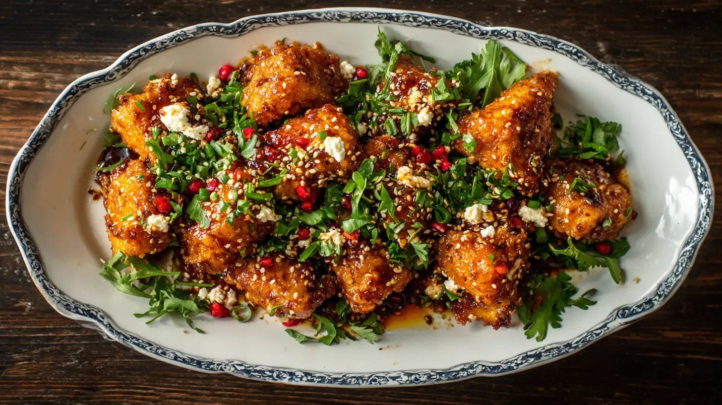 Close-up of crispy hot honey feta chicken with a golden crust and glistening sauce
