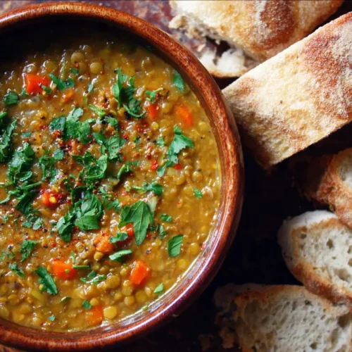 A steaming bowl of vibrant curry lentil soup garnished with fresh herbs