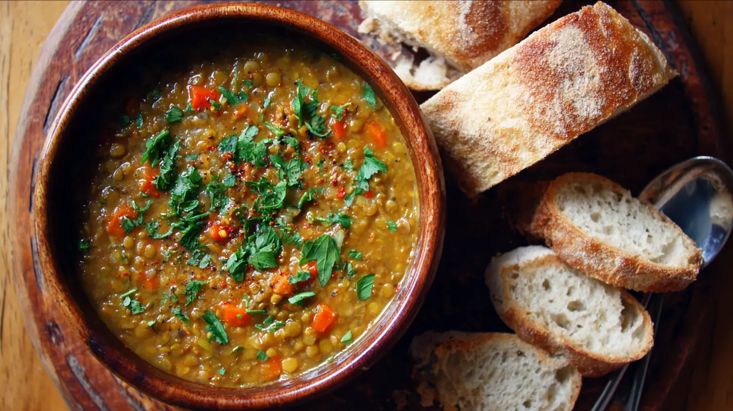 A steaming bowl of vibrant curry lentil soup garnished with fresh herbs