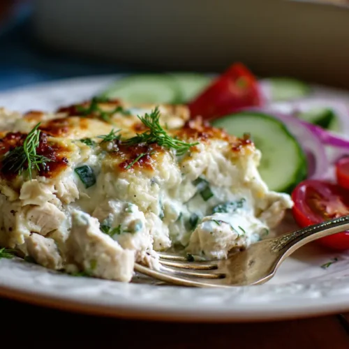 A ready-to-bake Dump-and-Bake Chicken Tzatziki Casserole in a baking dish
