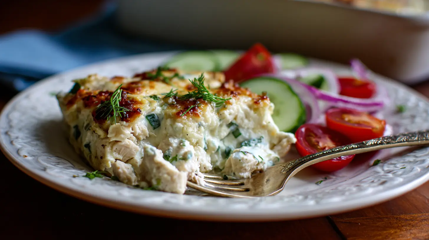 A ready-to-bake Dump-and-Bake Chicken Tzatziki Casserole in a baking dish