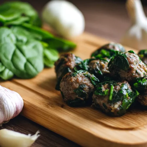 A serving of easy spinach and garlic meatballs, ready to eat.