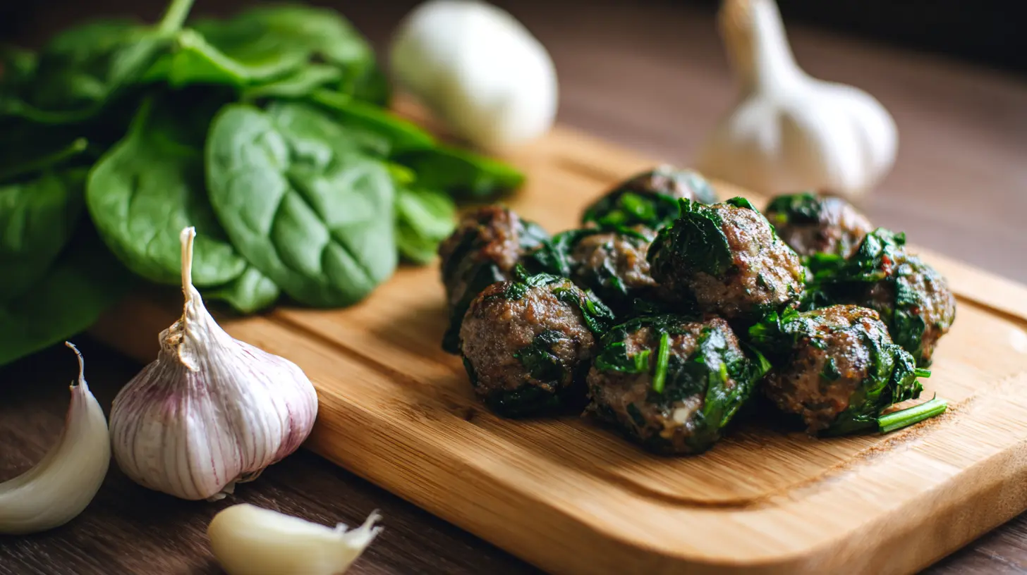 A serving of easy spinach and garlic meatballs, ready to eat.