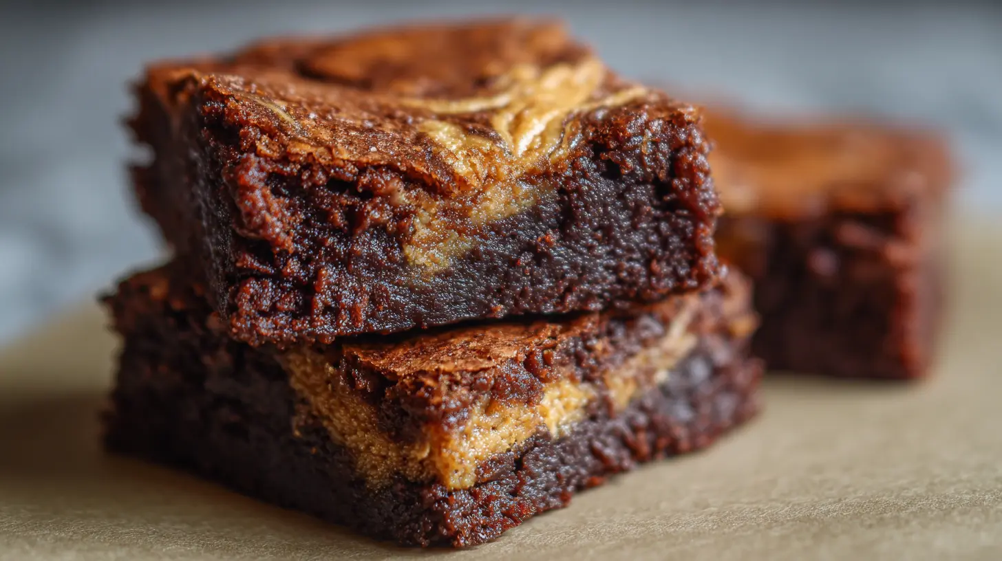 Close-up of rich fudgy lotus biscoff brownies with swirls of cookie butter