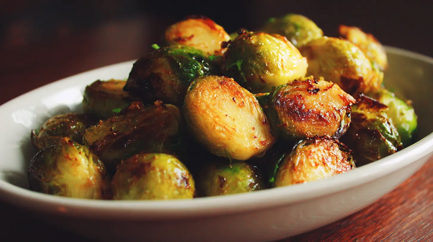 Close-up of garlic butter roasted Brussels sprouts in a pan, golden brown and caramelized.