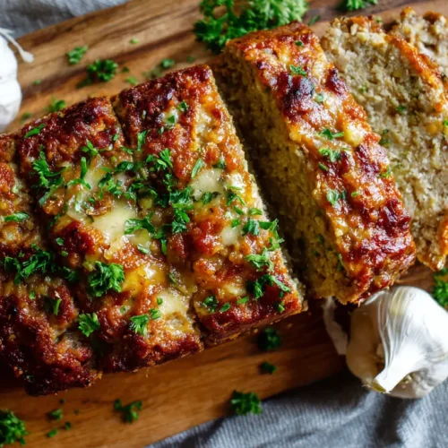 A delicious Garlic Parmesan Chicken Meatloaf cooked to perfection, showcasing its golden-brown crust.