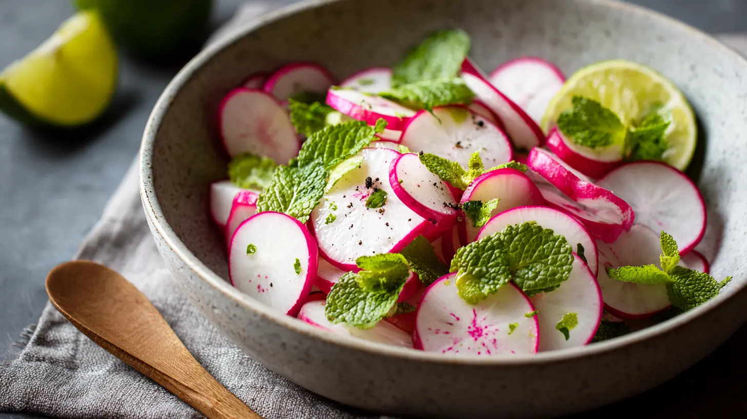 A vibrant Gordon Ramsay radish salad with fresh greens and dressing