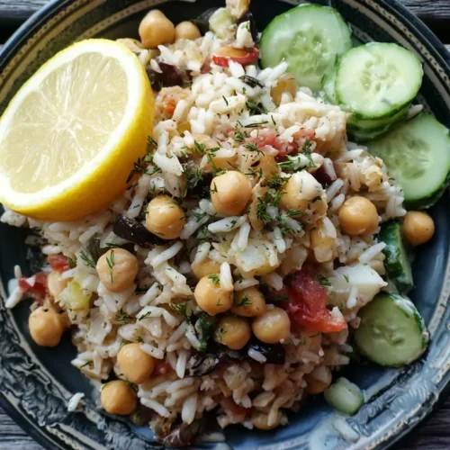 A vibrant bowl of Greek chickpeas and rice with lemon-tahini dressing.