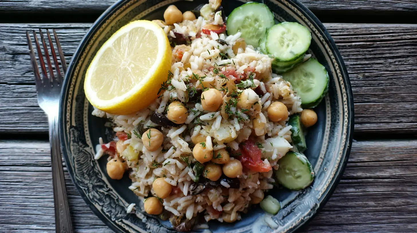 A vibrant bowl of Greek chickpeas and rice with lemon-tahini dressing.