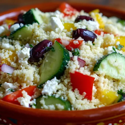 A vibrant bowl of Greek couscous salad with fresh vegetables and feta.