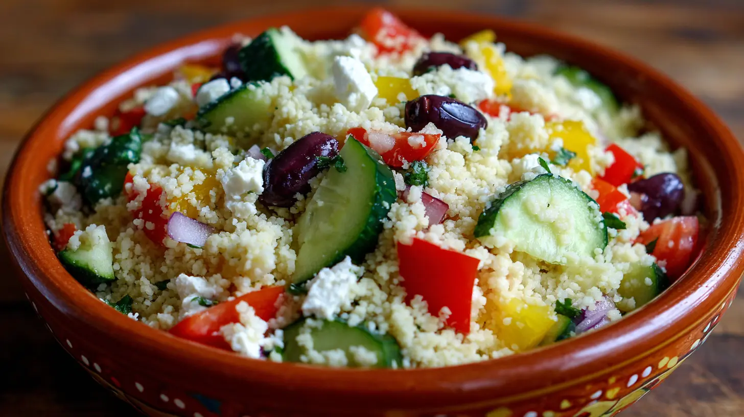 A vibrant bowl of Greek couscous salad with fresh vegetables and feta.