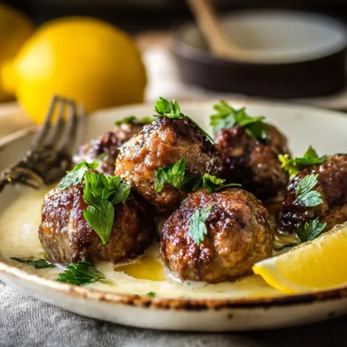 Platter of Greek meatballs swimming in a rich, creamy lemon sauce