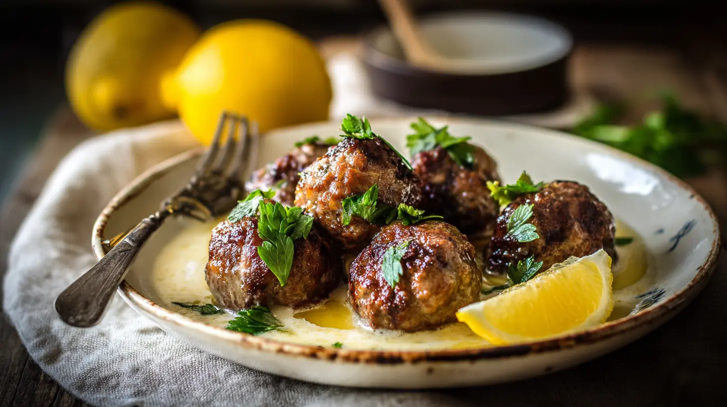 Platter of Greek meatballs swimming in a rich, creamy lemon sauce