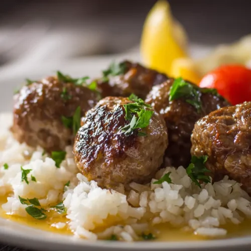 A plate of Greek Meatballs in rich lemon sauce, garnished with fresh herbs.