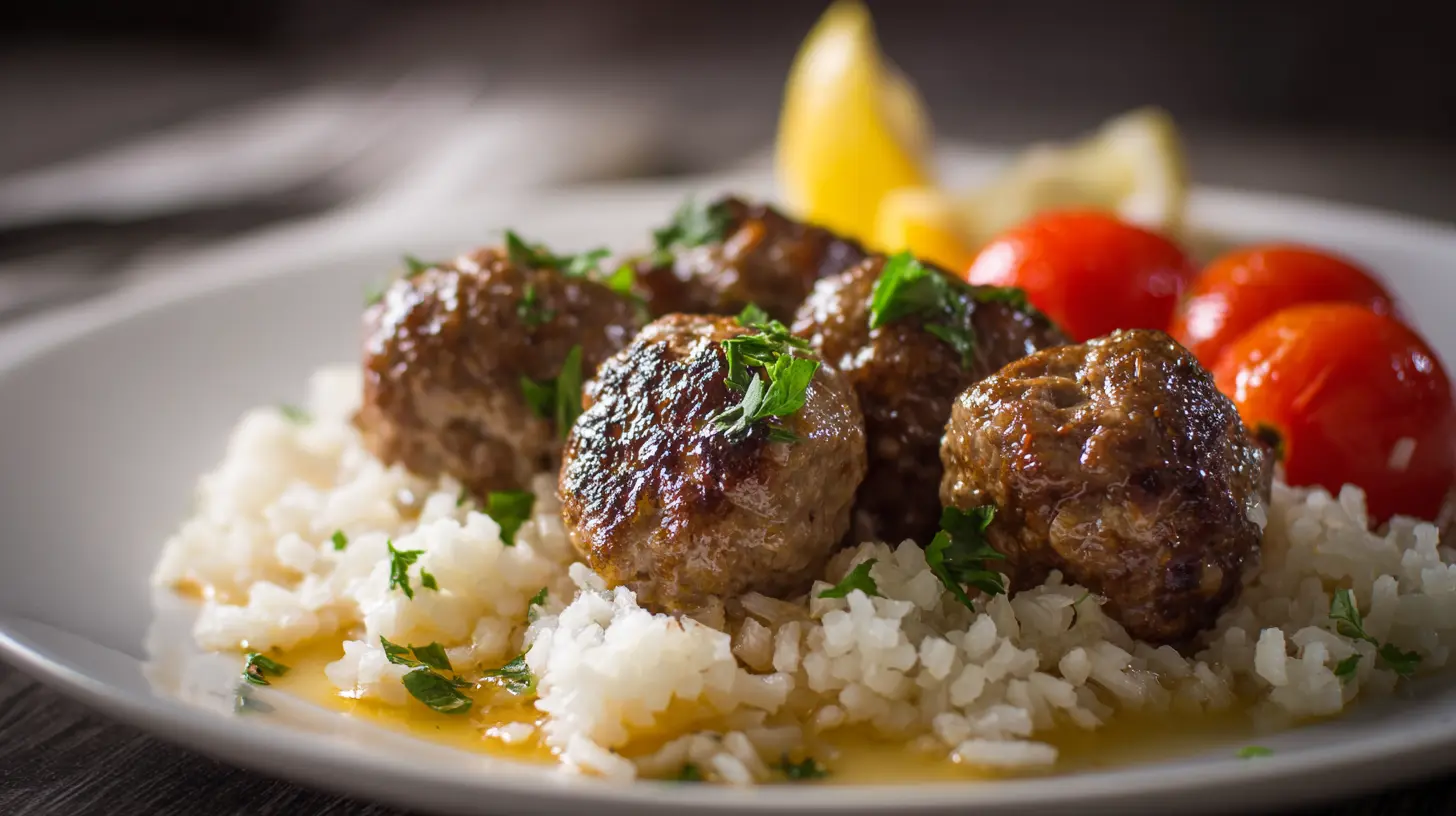 A plate of Greek Meatballs in rich lemon sauce, garnished with fresh herbs.