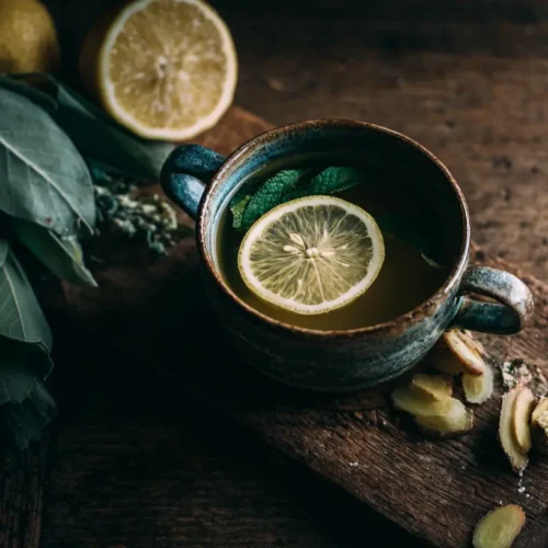 A steaming bowl of Healing Miso-Ginger Lemon Detox Broth with fresh herbs.