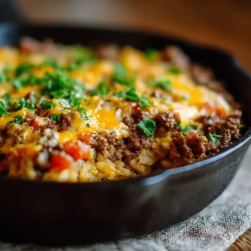 A steaming hobo casserole made with ground beef, vegetables, and potatoes in a baking dish