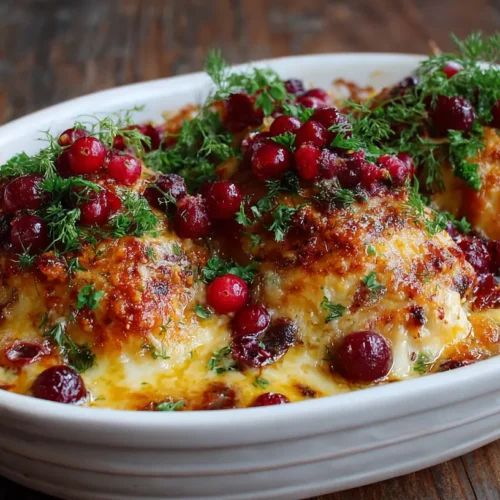 A honey cranberry chicken bake with ricotta cheese, fresh from the oven