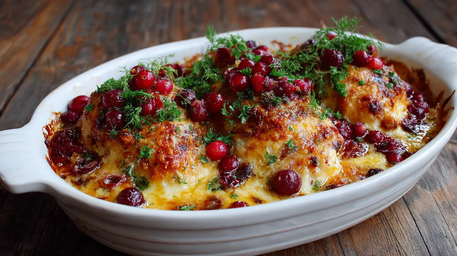 A honey cranberry chicken bake with ricotta cheese, fresh from the oven