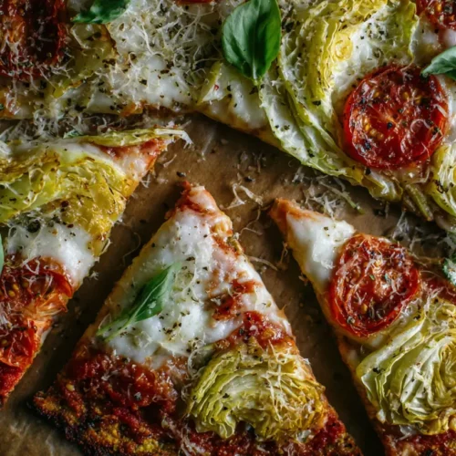 A full view of an Irish roasted cabbage low carb pizza, showcasing its golden crust and savory toppings.
