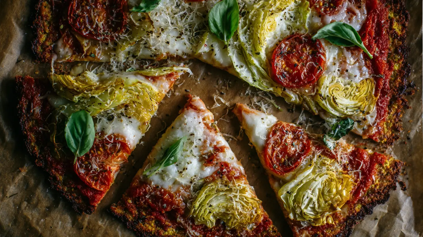 A full view of an Irish roasted cabbage low carb pizza, showcasing its golden crust and savory toppings.