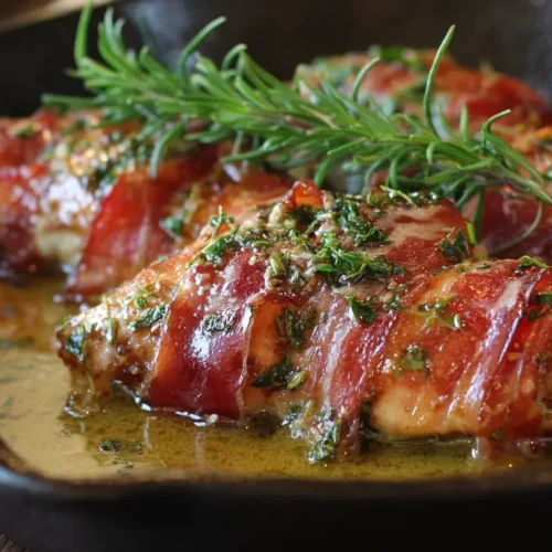 A close-up shot of Italian Chicken Saltimbocca, perfectly cooked and garnished.