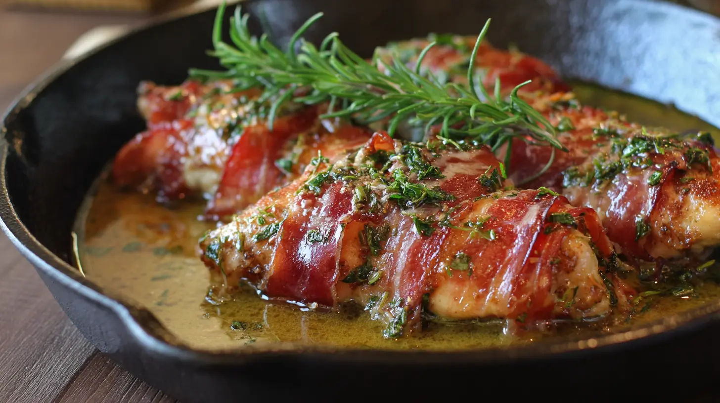A close-up shot of Italian Chicken Saltimbocca, perfectly cooked and garnished.
