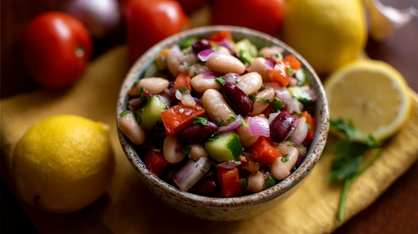 A vibrant Italian grinder bean salad with mixed beans and fresh vegetables.