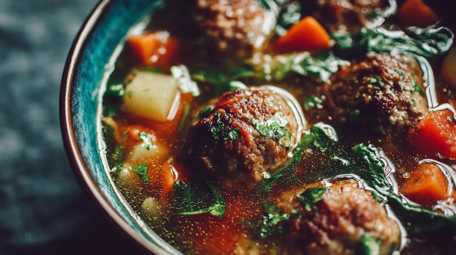 A steaming bowl of Italian meatball soup, garnished with fresh herbs