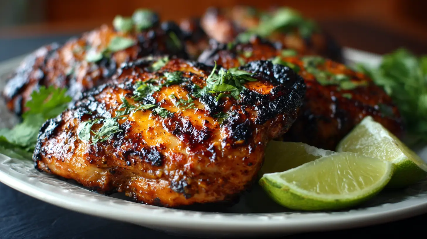 A plate featuring perfectly grilled Key West chicken, garnished with fresh herbs.
