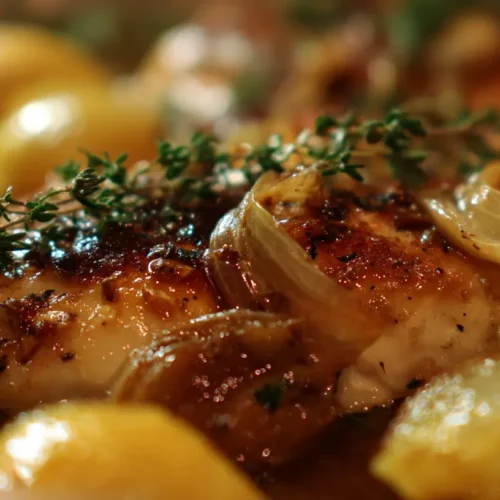 A perfectly baked lemon shallot chicken dish on a serving platter.
