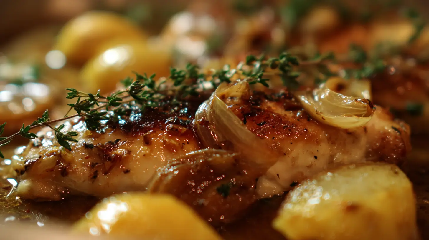 A perfectly baked lemon shallot chicken dish on a serving platter.