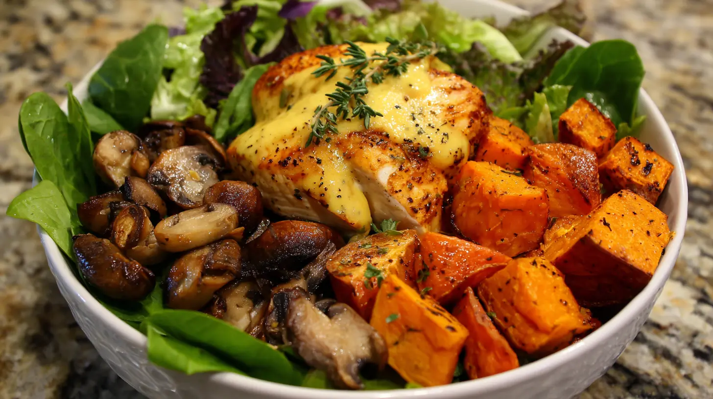 A vibrant Maple Dijon Chicken Bowl, artfully arranged with tender chicken, roasted sweet potatoes, and colorful vegetables.