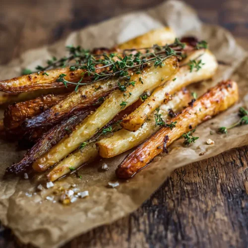 Close-up of maple roasted parsnips seasoned with fresh thyme sprigs in a serving dish.